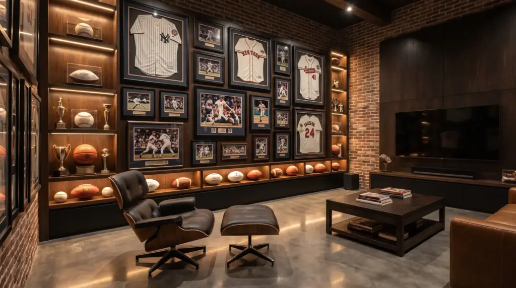 Sports memorabilia wall displaying framed jerseys, trophies, and collectibles in a modern man cave.