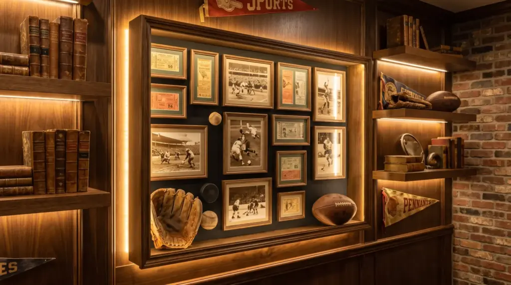 Sports ticket shadow box displaying memories and memorabilia in a man cave.