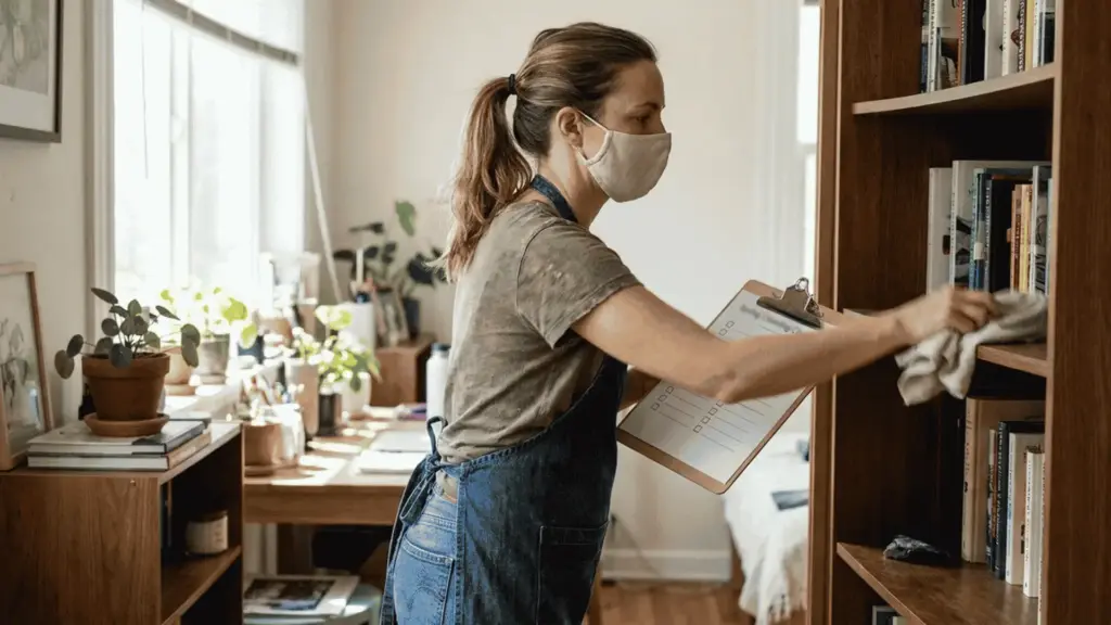 Spring Cleaning Checklist for Every Room in Your Home Woman in cleaning gear holding a spring cleaning checklist board with empty boxes