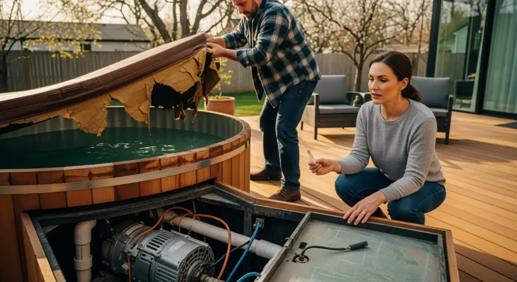 Couple inspecting wooden hot tub mechanics on outdoor deck in sunny backyard setting