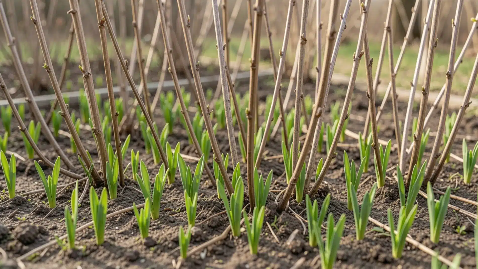 New perennial shoots emerging from soil in an early spring garden bed