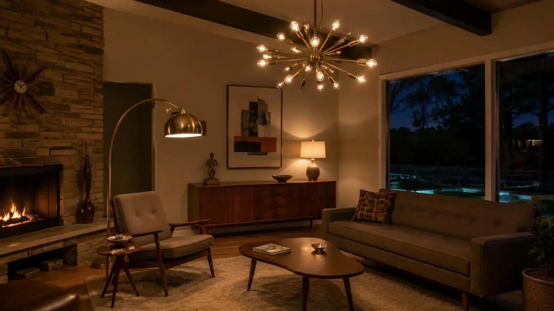 Brass sputnik chandelier adding retro lighting to a mid-century interior