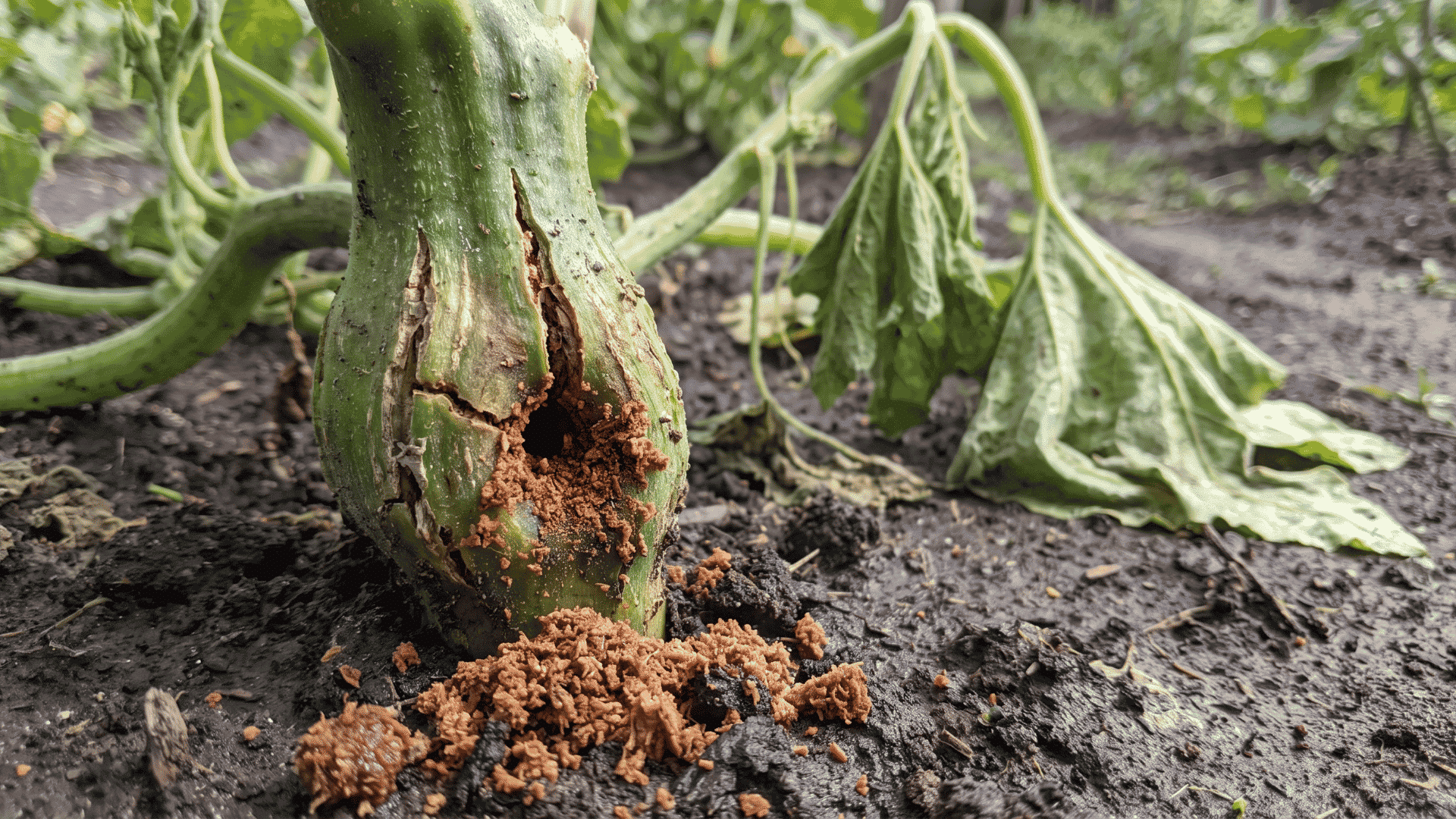 Wilted squash vine with a stem entry hole, swelling, cracks, and sawdust-like frass near its base.