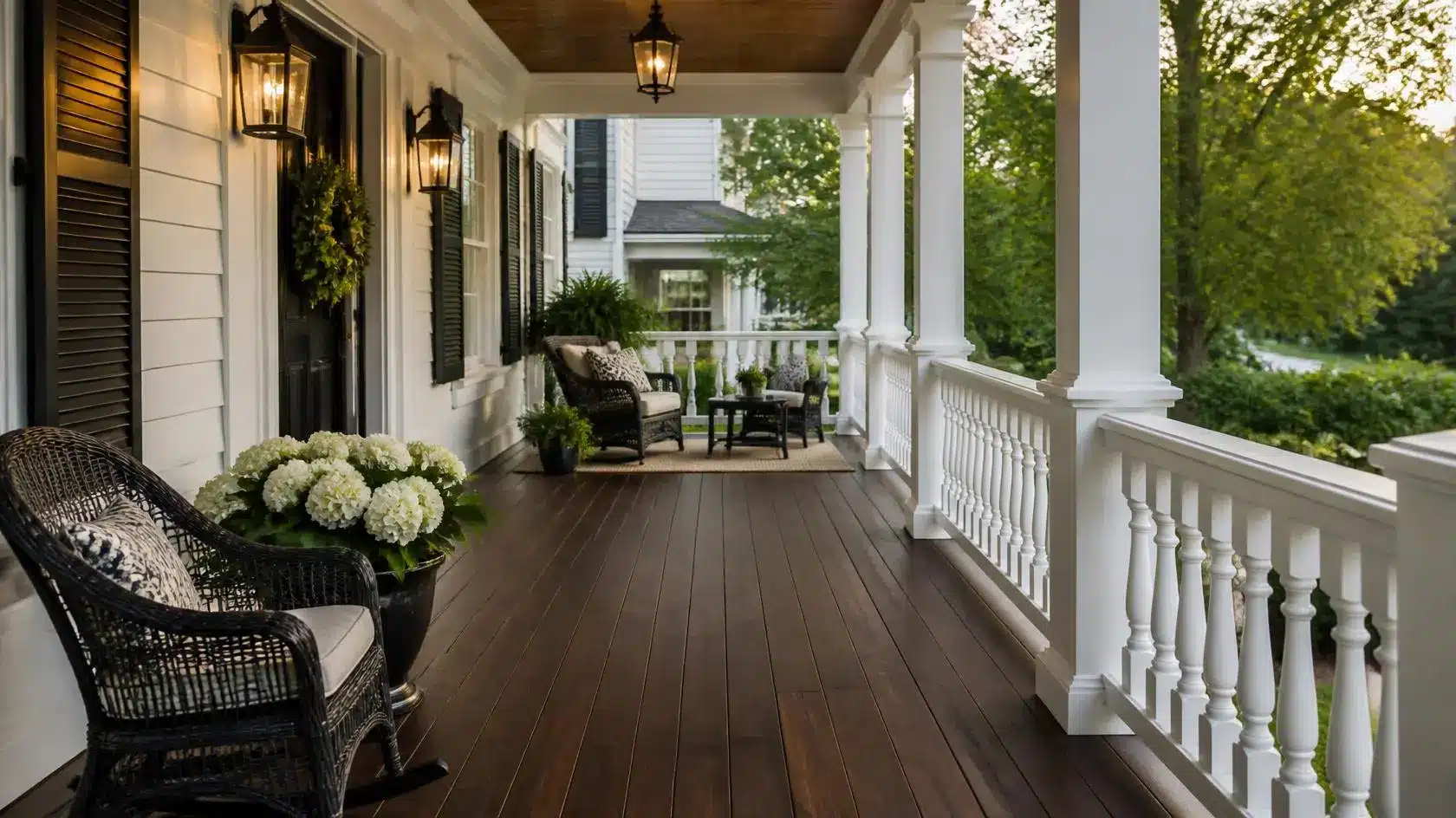 stained wood porch flooring with crisp white railings creating a warm, balanced, and timeless outdoor home design