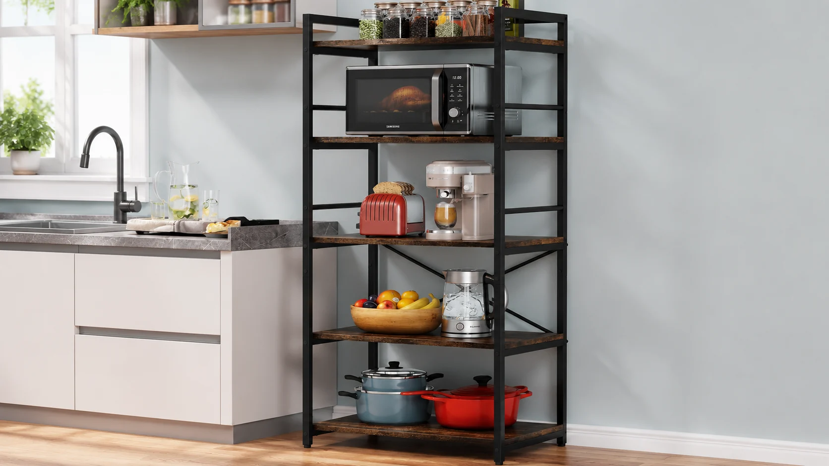 Industrial kitchen shelving unit with metal frame and wood shelves holding appliances, jars, cookware, and storage items beside a modern countertop.