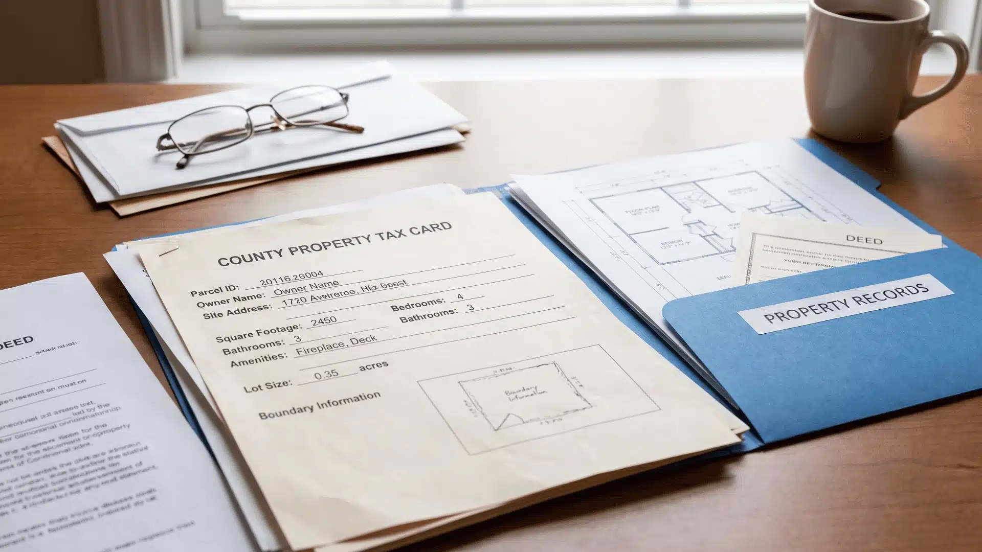 Property tax card and home records placed on a desk for review