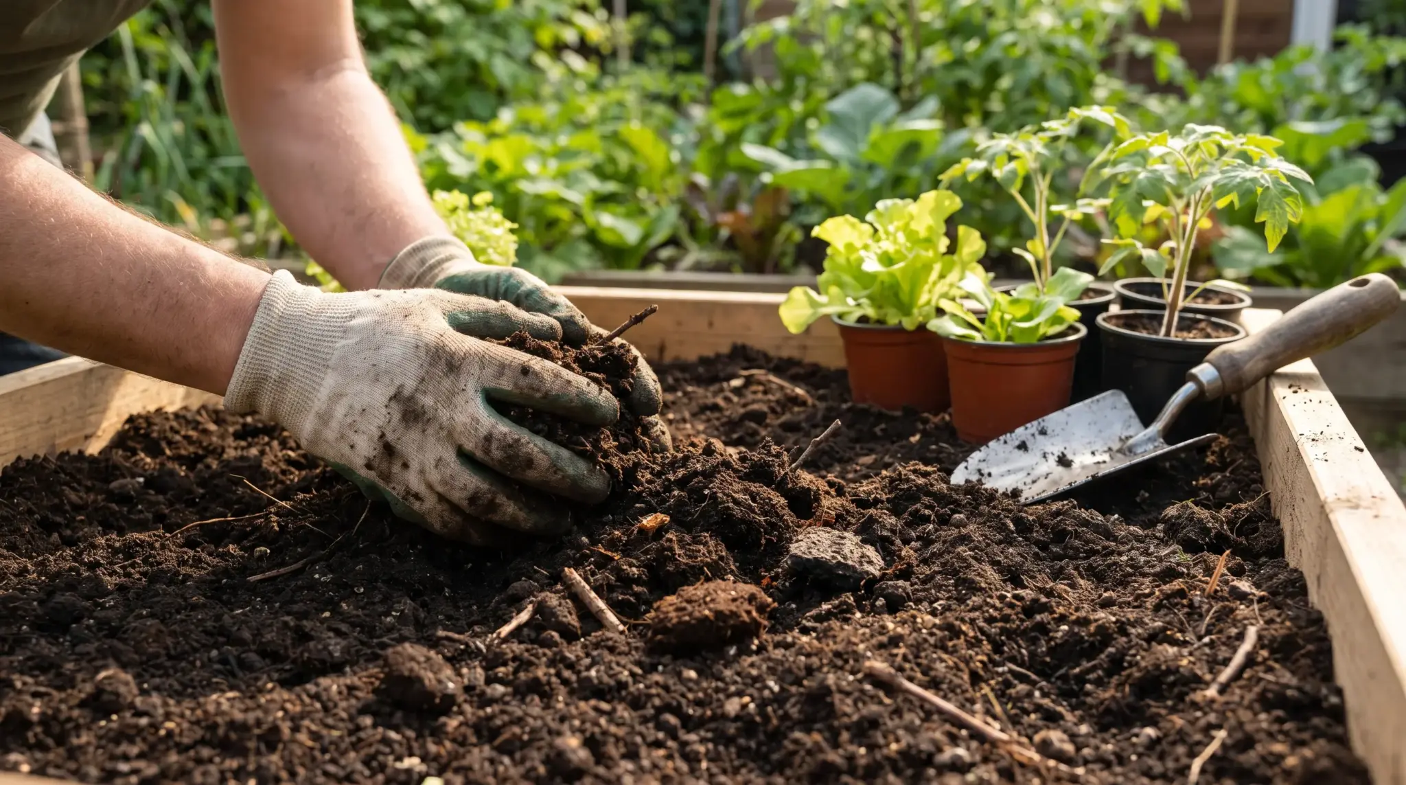 Gardener adding compost to rich soil in a raised vegetable garden bed to improve plant growth.