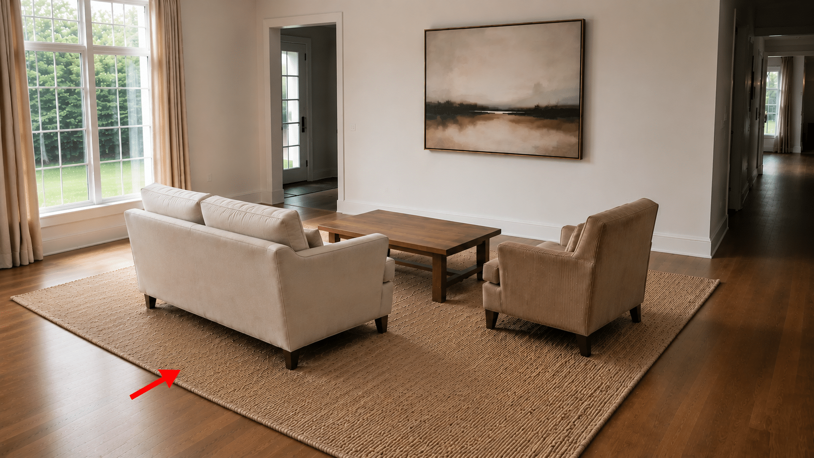 Large woven rug anchors a neutral living room seating area with balanced furniture placement
