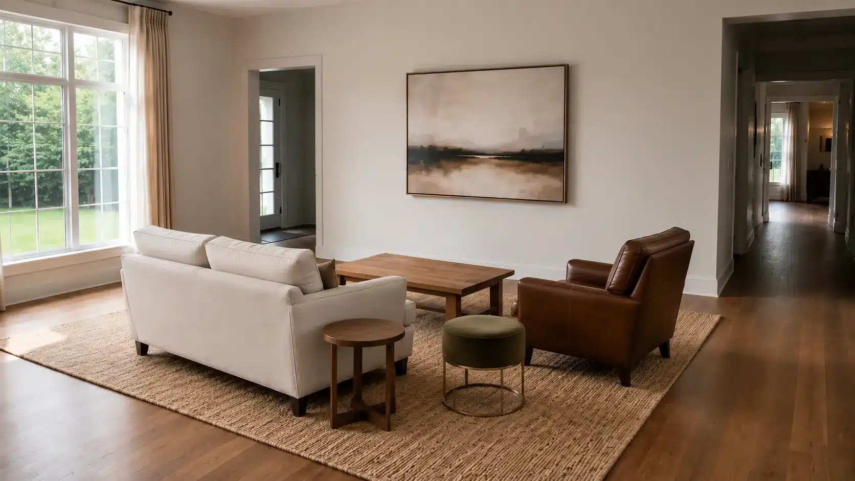 Step 3: Choose Furniture That Mixes, Not Matches  Topic: Mixing furniture styles while keeping scale balanced.  Image Prompt:  Use the exact same living room from Step 2. Keep the same artwork, rug placement, and room structure.  Replace the matching furniture feeling with a thoughtfully mixed arrangement. Keep the cream fabric sofa but change the armchair into a rich brown leather chair with similar seat height. Add a small velvet ottoman near the coffee table with a metal base detail.  Keep the natural wood coffee table and introduce one repeated material element, such as matching oak tones between the table and side table. The furniture should feel collected over time, not purchased as a matching set.  Maintain balanced proportions between every piece. The sofa, chair, ottoman, and tables should have similar visual weight.  Lighting: Same natural daylight as previous images. Step 3: Choose Furniture That Mixes, Not Matches  Topic: Mixing furniture styles while keeping scale balanced.  Image Prompt:  Use the exact same living room from Step 2. Keep the same artwork, rug placement, and room structure.  Replace the matching furniture feeling with a thoughtfully mixed arrangement. Keep the cream fabric sofa but change the armchair into a rich brown leather chair with similar seat height. Add a small velvet ottoman near the coffee table with a metal base detail.  Keep the natural wood coffee table and introduce one repeated material element, such as matching oak tones between the table and side table. The furniture should feel collected over time, not purchased as a matching set.  Maintain balanced proportions between every piece. The sofa, chair, ottoman, and tables should have similar visual weight.  Lighting: Same natural daylight as previous images. generate this image