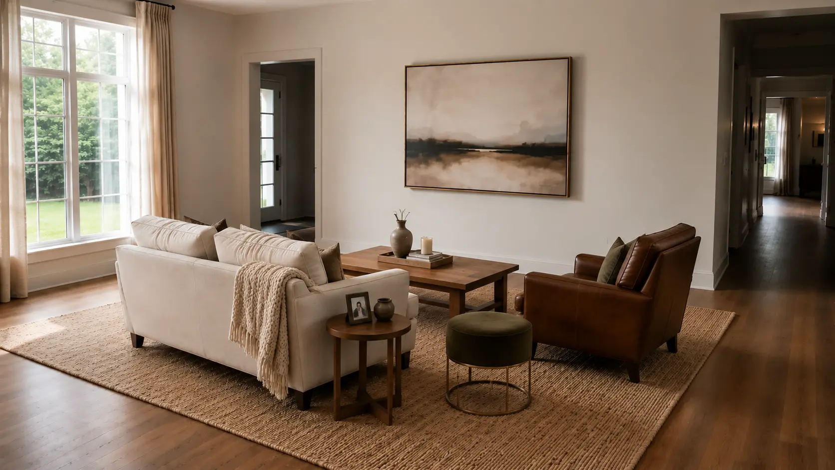 Living room with layered textures, a knit throw, mixed pillows, wood accents, and personal decor creating a warm, styled space