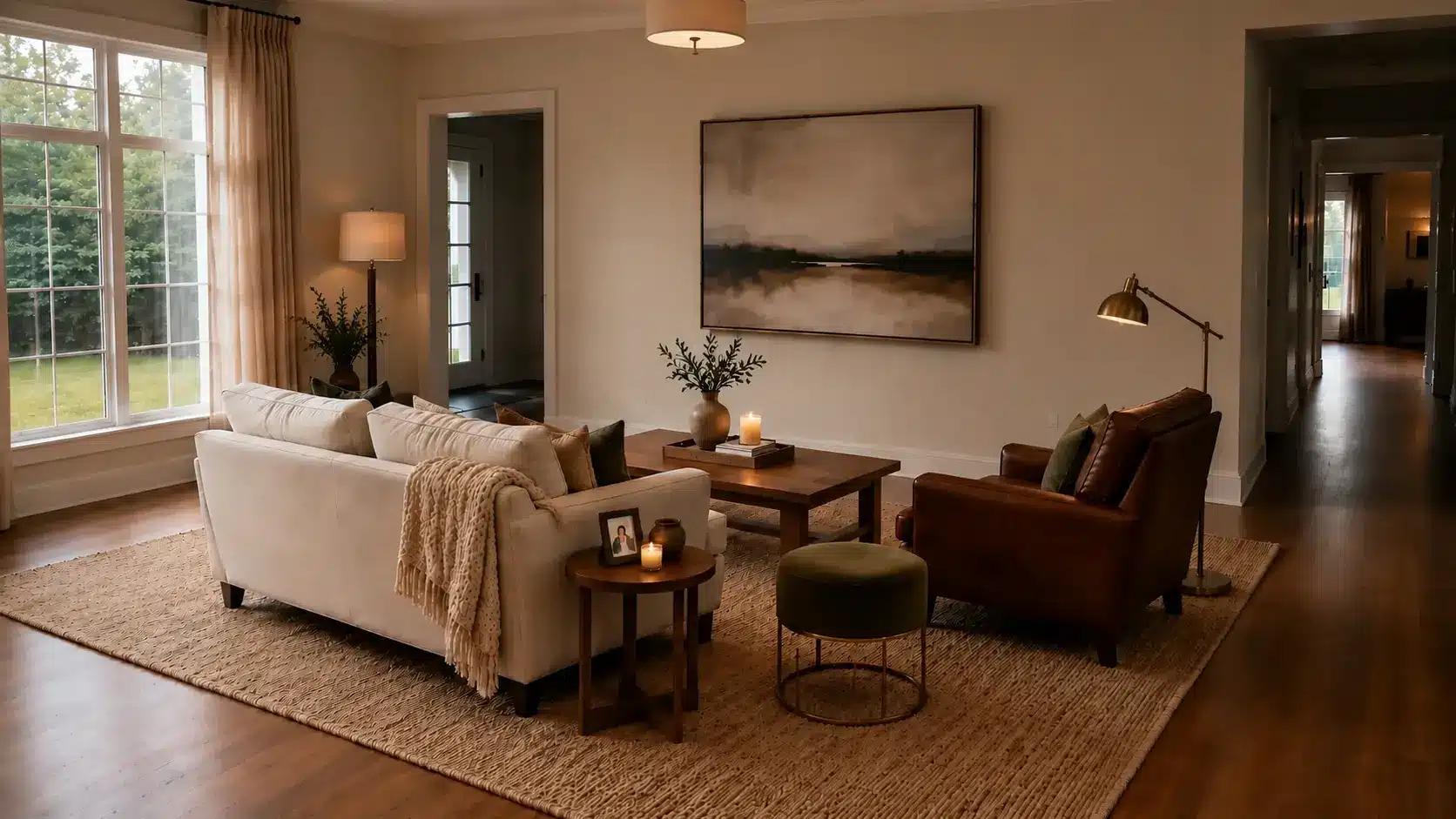 Warm living room with layered lighting from ceiling, table, and floor lamps creating a cozy, balanced atmosphere