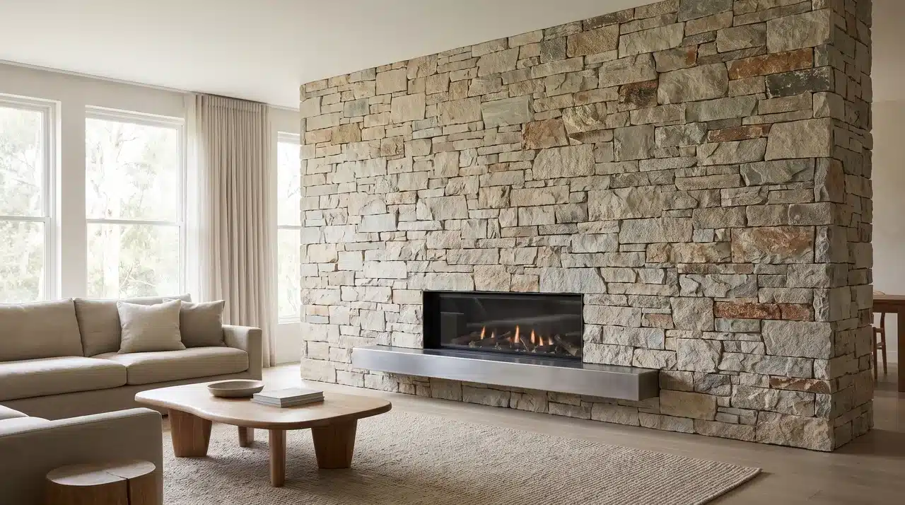 Living room feature wall clad with stacked stone panels surrounding a modern fireplace