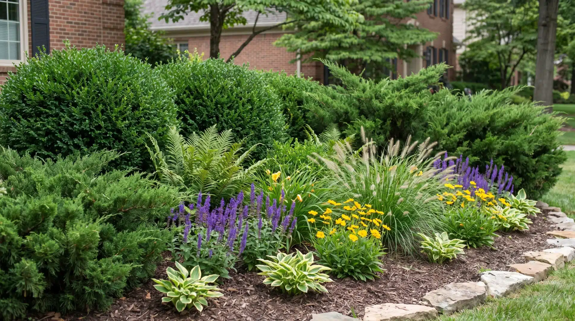 Garden bed showing structural plants with accent flowers and textured plants layered together
