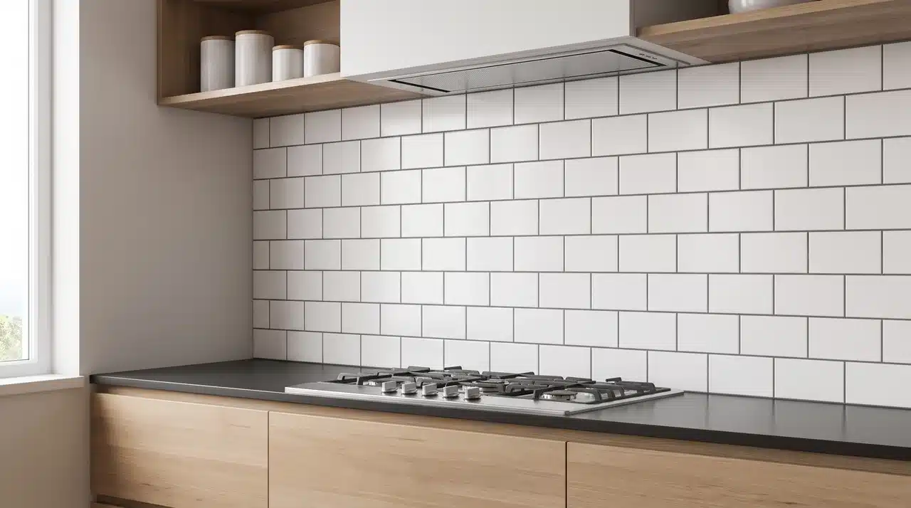 Kitchen feature wall with white subway tiles laid in a brick pattern behind the cooktop