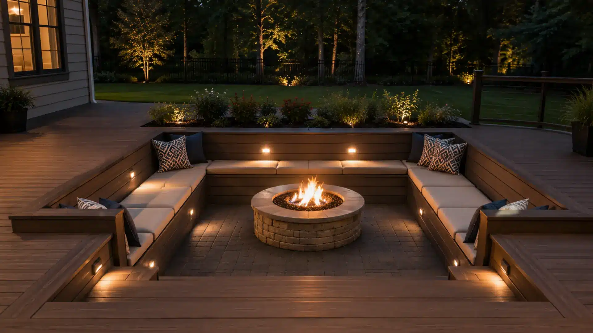 Sunken fire pit area built into a backyard deck, with built-in bench seating around the stone pit