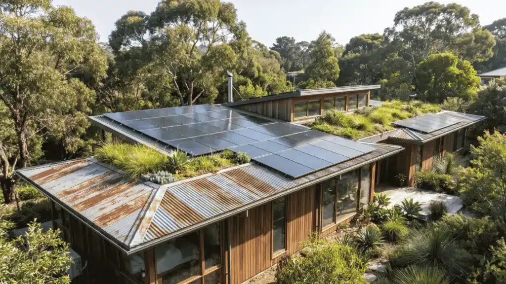 Sustainable home with eco-friendly roofing materials surrounded by greenery.