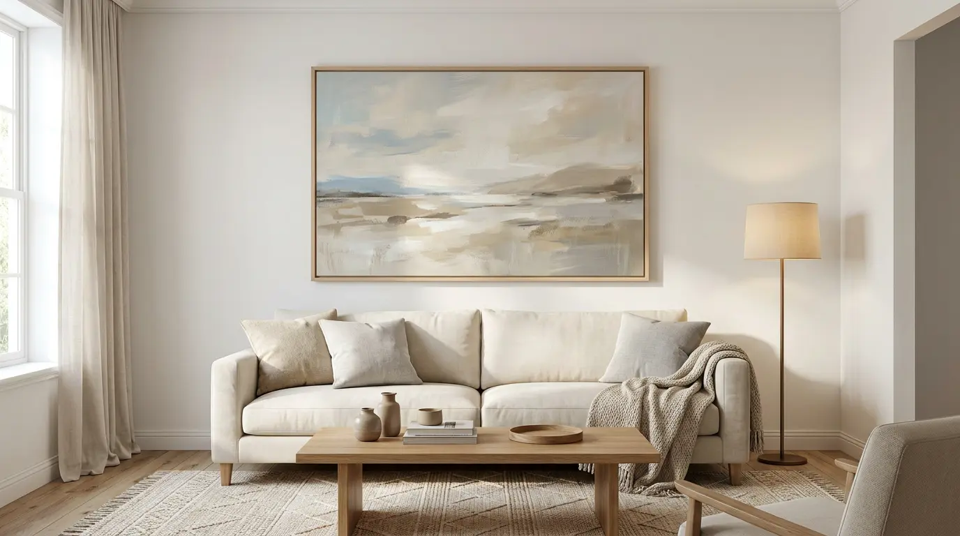 large framed artwork above a neutral sofa creates a balanced focal point on a clean, uncluttered living room wall