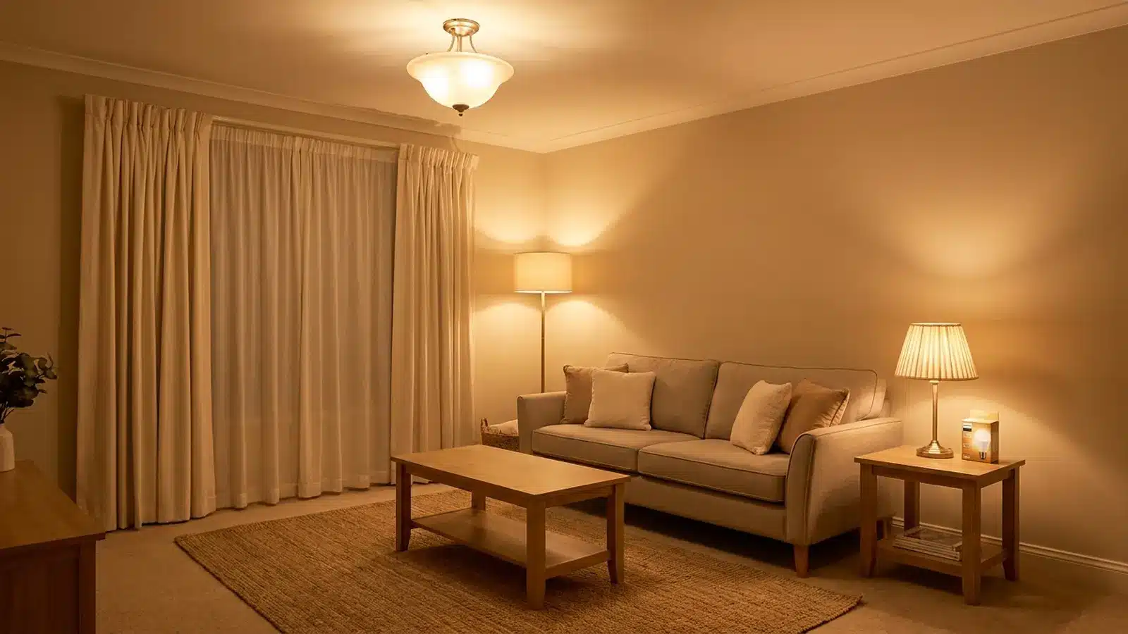 warm living room with matching warm white ceiling, floor, and table lamps creating a soft, inviting glow