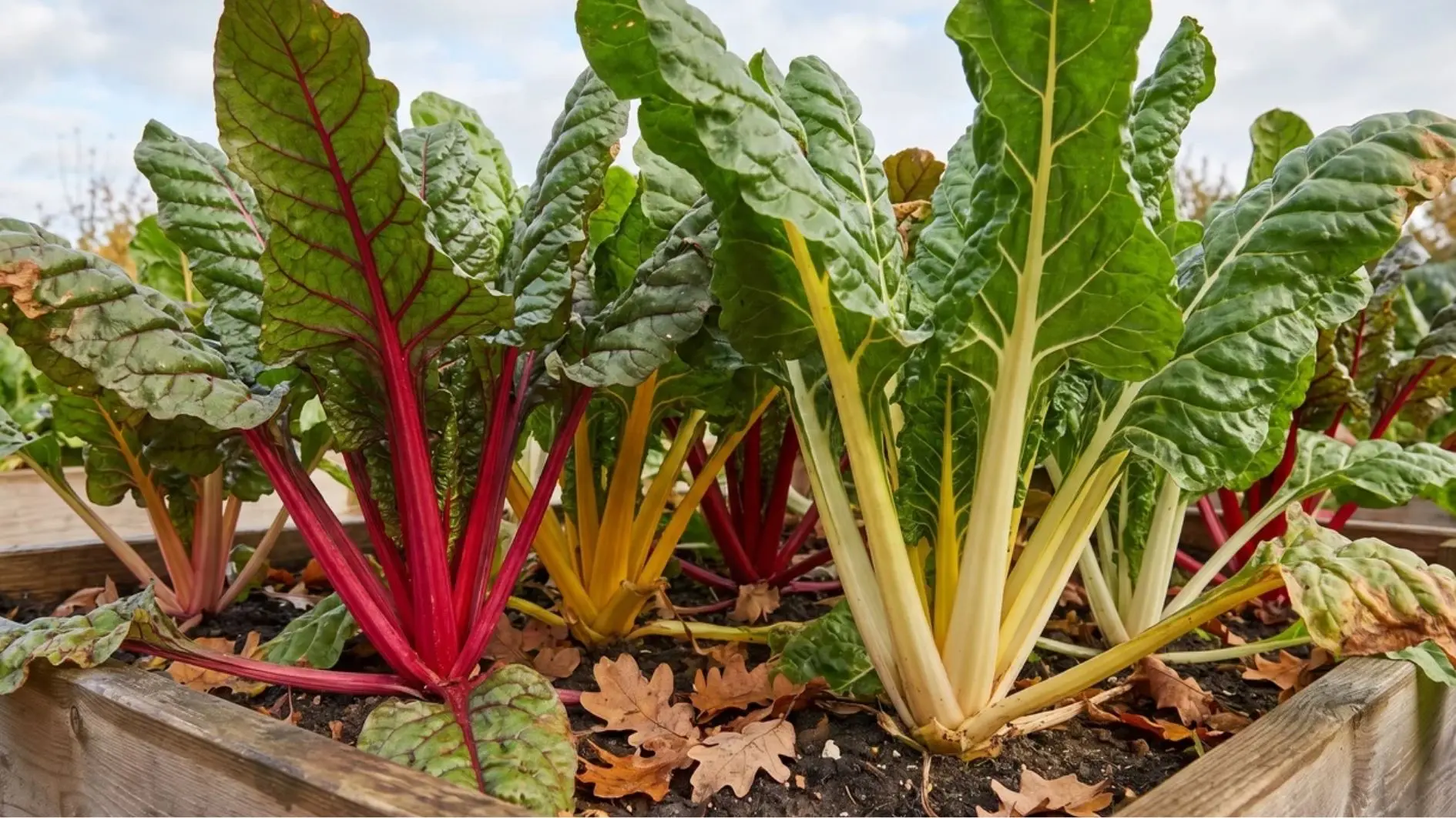 Swiss chard plants with colorful stems in a garden bed