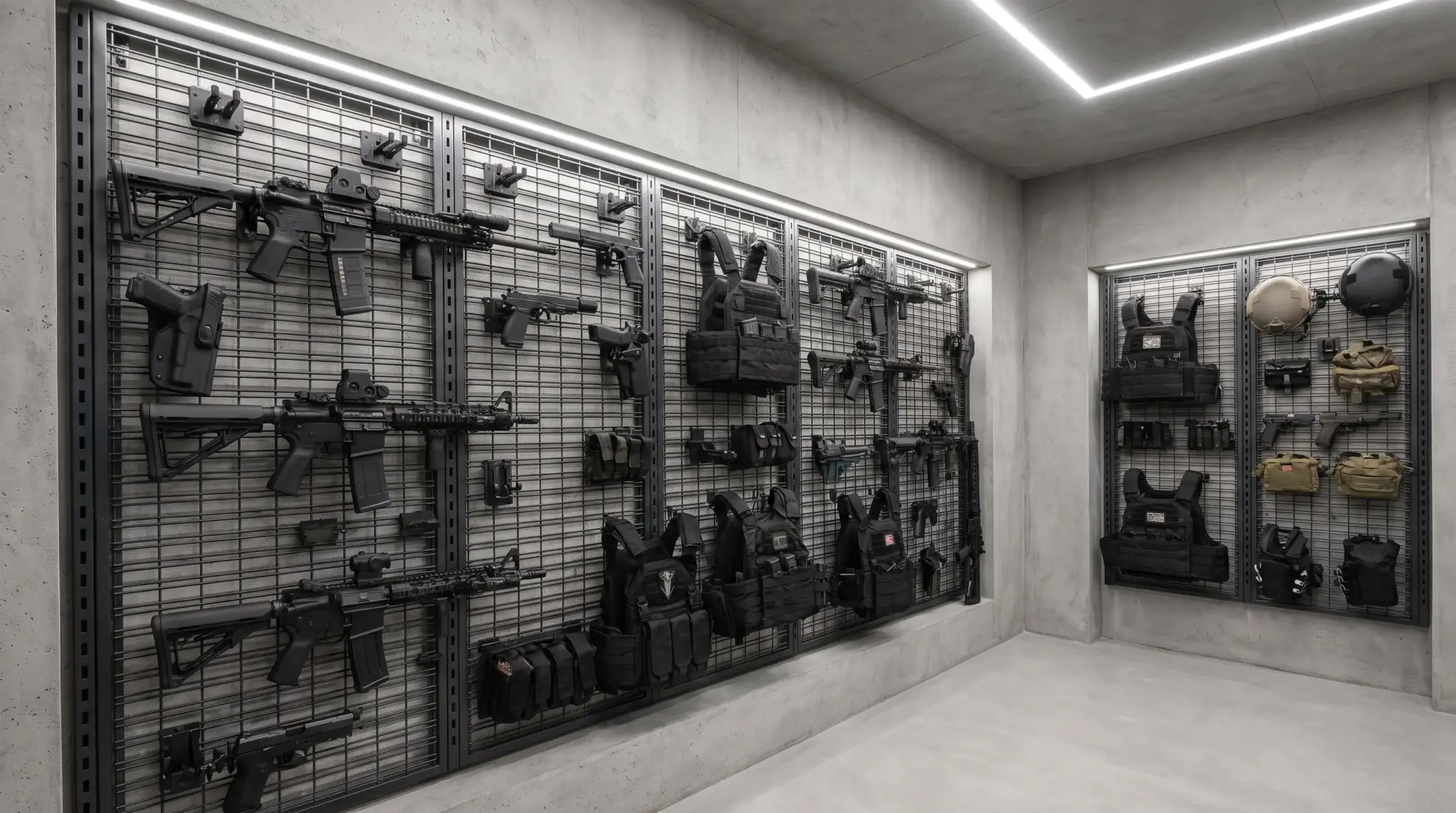 Tactical wall panels holding firearms and gear in a flexible, organized gun room layout.