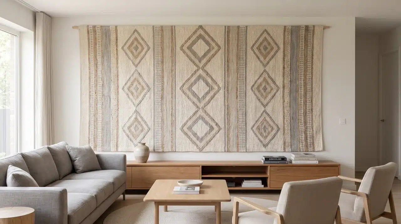 Living room with a large woven tapestry hanging as a feature wall behind a sofa
