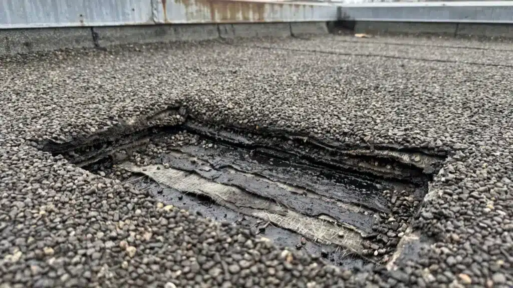 Tar and Gravel Roof: Identification, Layers and Repairs Photorealistic tar and gravel roof showing gravel surface and layered BUR membrane construction