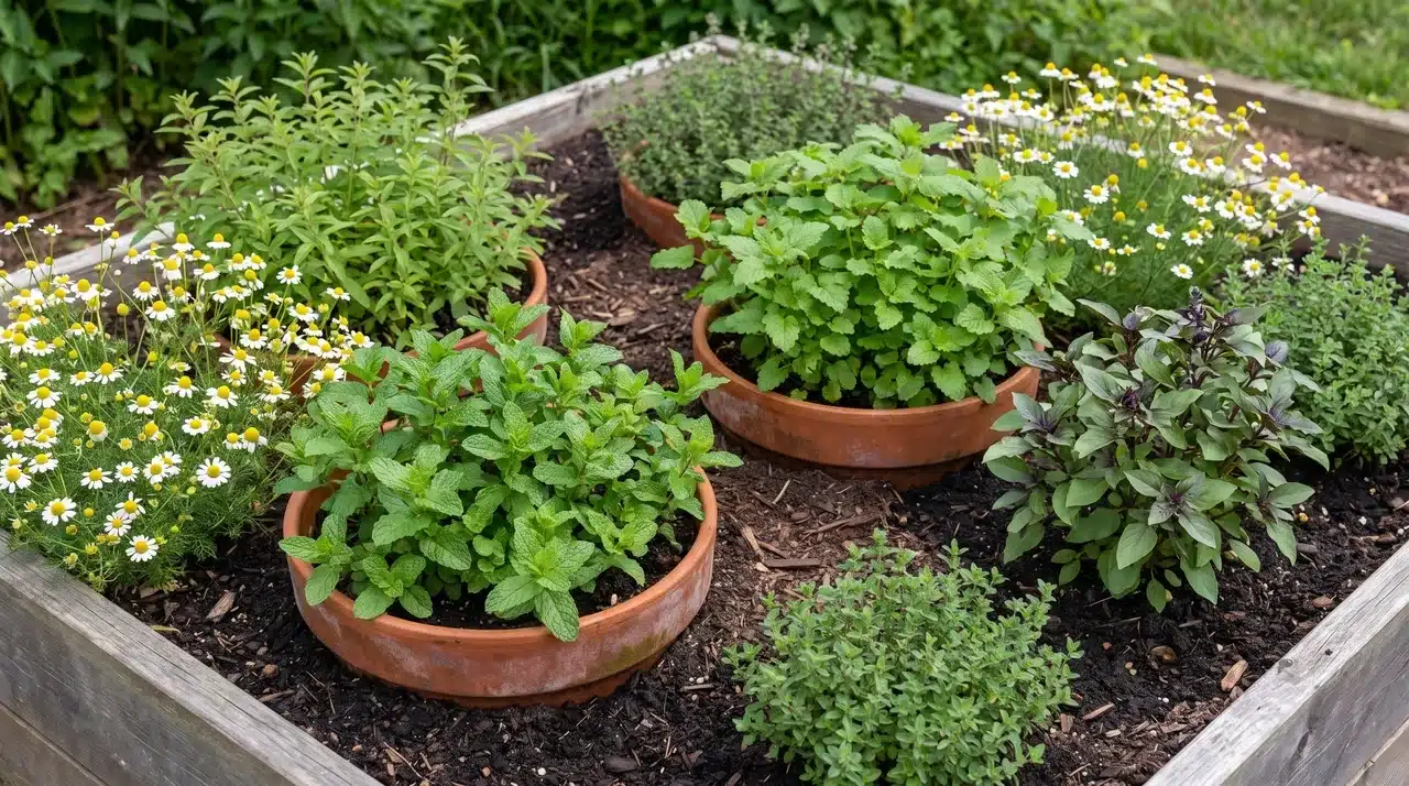 Tea herb garden with chamomile, lemon verbena, holy basil, and contained mint and lemon balm in a garden bed