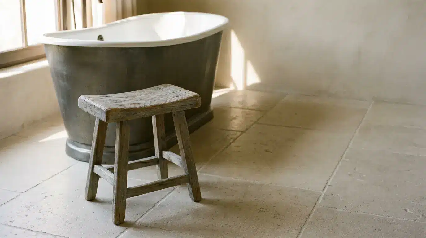 Freestanding bathtub with wooden stool in sunlit bathroom with stone tile floor