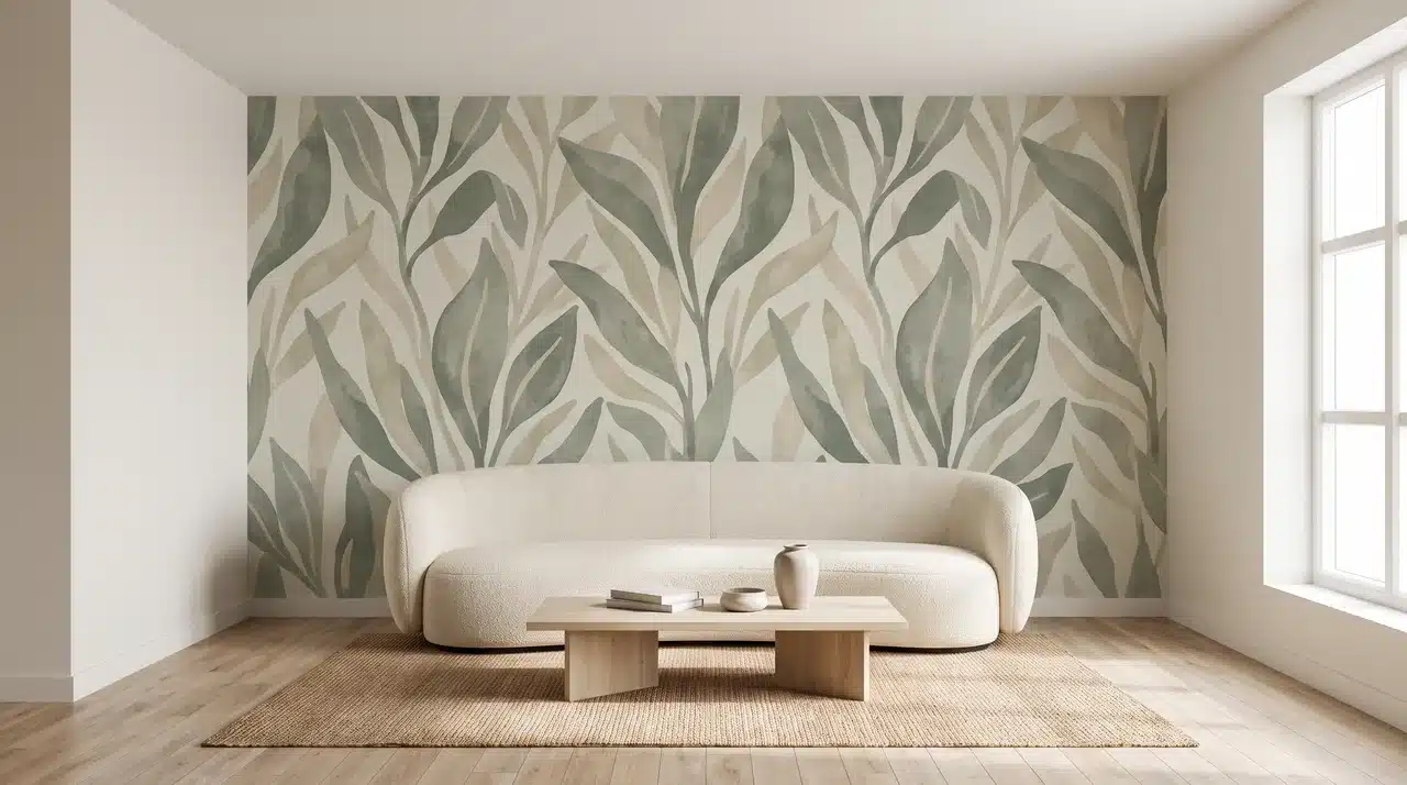 Modern living room with a removable botanical wallpaper feature wall behind a curved sofa and neutral décor
