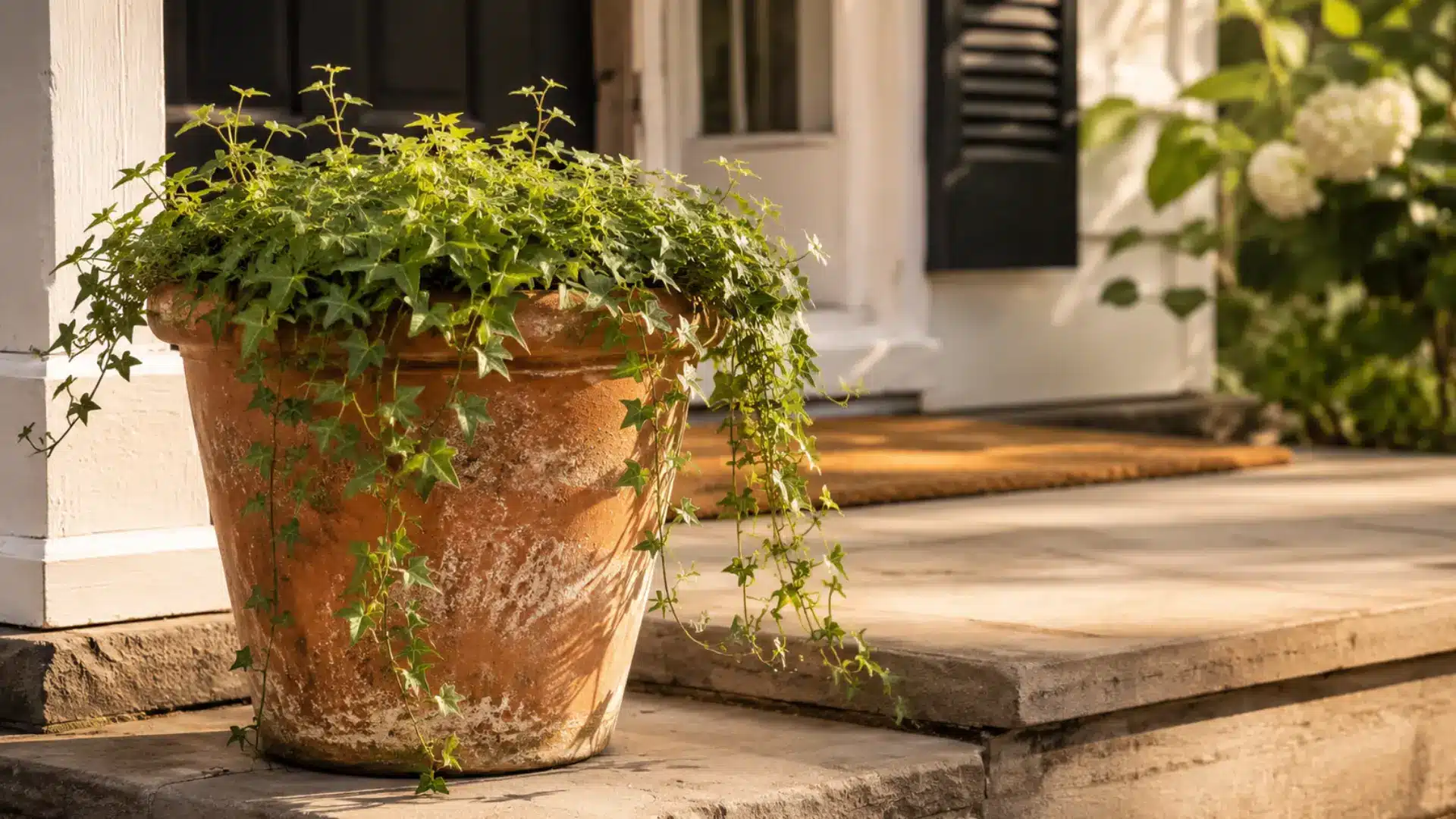 Classic terracotta clay pot flower pot idea on a sunlit porch