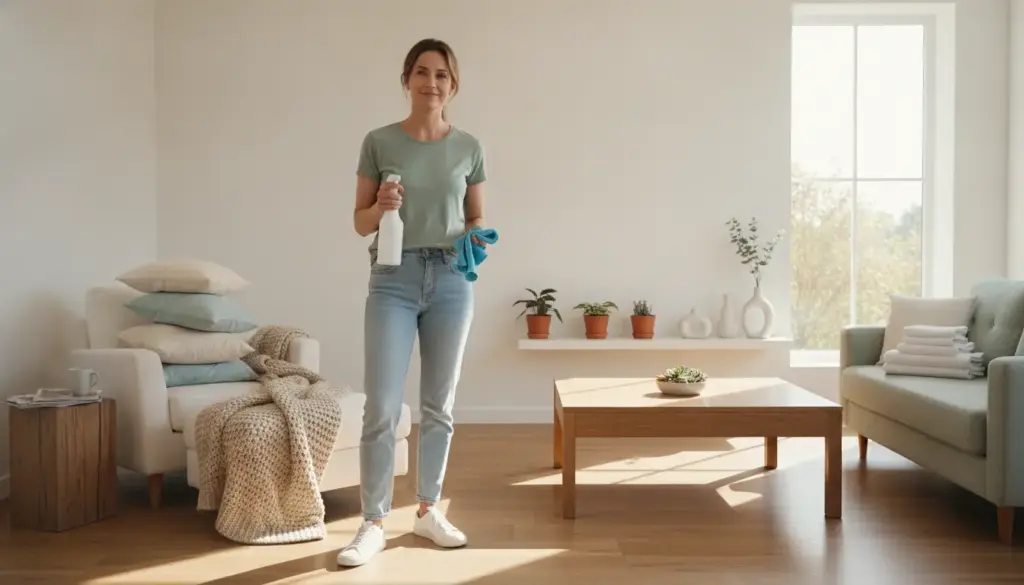 Woman cleaning living room with spray bottle and cloth beside cozy furniture and plants