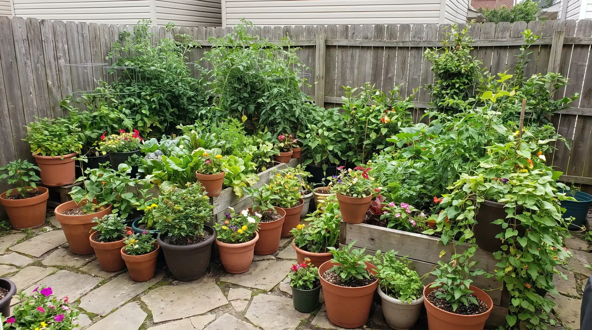 Overcrowded garden with too many plants and containers creating a cluttered layout