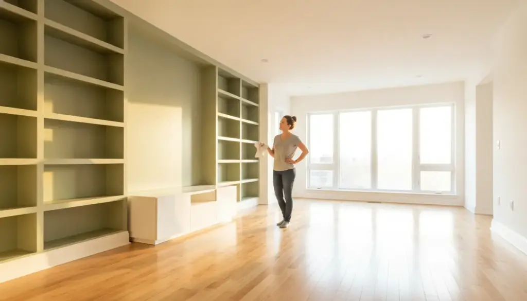 Woman cleaning empty built-in shelves in sunlit living room with wooden floors