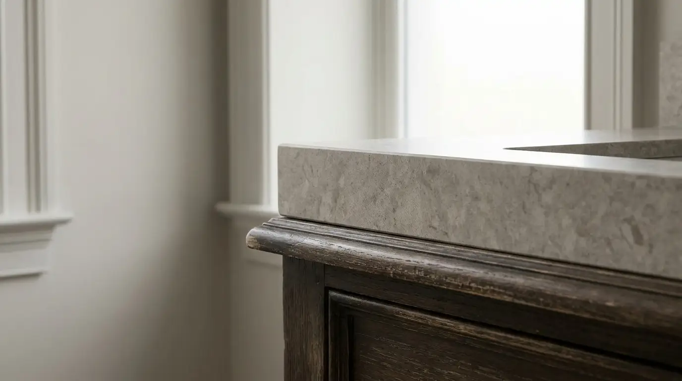 Close-up of marble countertop with wooden cabinet edge in softly lit room
