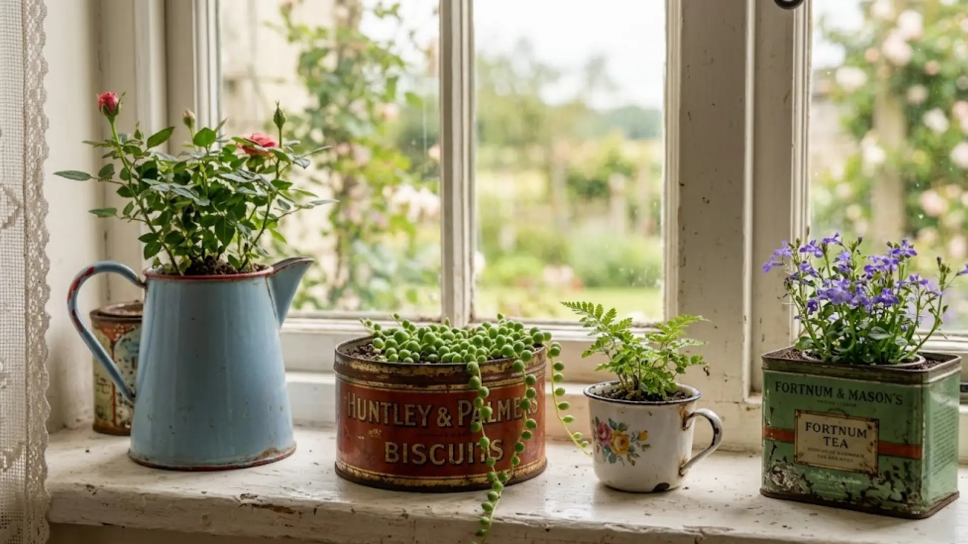 Thrifted tin and enamelware planter idea for a unique look