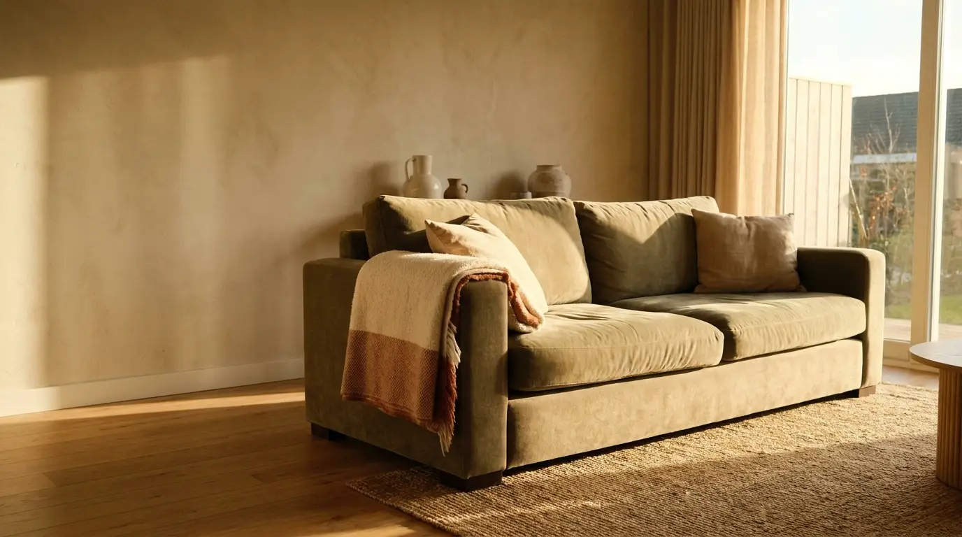 Olive green sofa with a blanket and pillows in a sunny living room setting