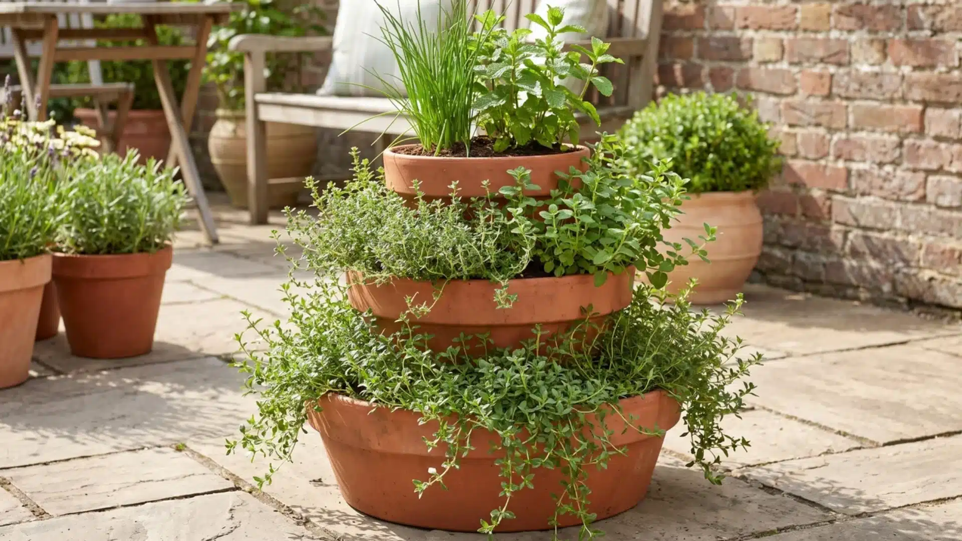 terracotta tiered planter with upright herbs on top and trailing thyme oregano cand reeping savory on lower tiers