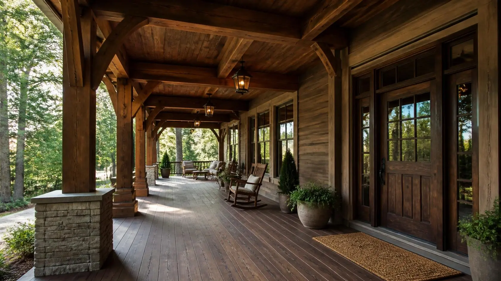 porch ceiling with exposed timber beams adding rustic character, architectural detail, and a warm natural outdoor feel.