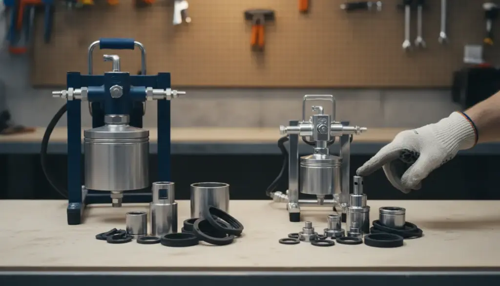 Titan 440 vs 840: What Contractors Need to Know About Parts Availability Industrial tools and components on workbench in workshop with gloved hand pointing