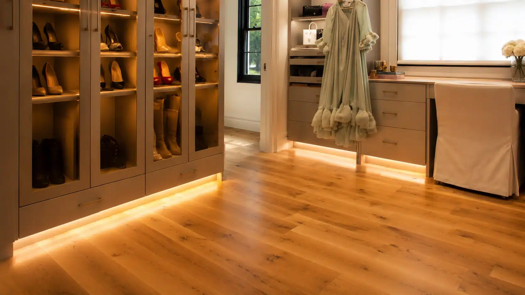 Modern walk-in closet with warm wood floors and built-ins, highlighted by soft toe-kick LED lighting along cabinets.