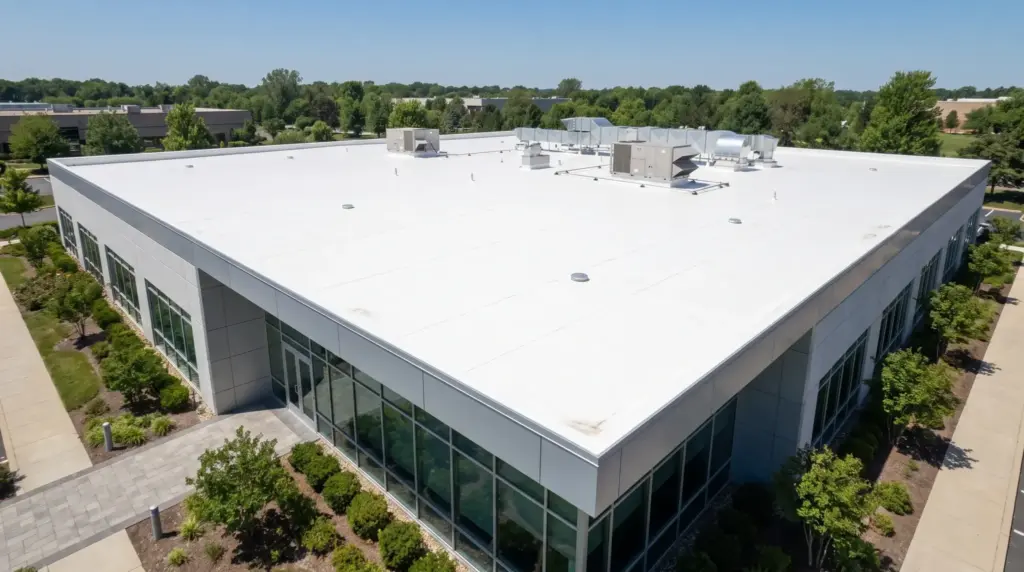 TPO Membrane Roof: Benefits, Costs and Options modern commercial building with a white TPO membrane roof showing a flat roofing system and rooftop details