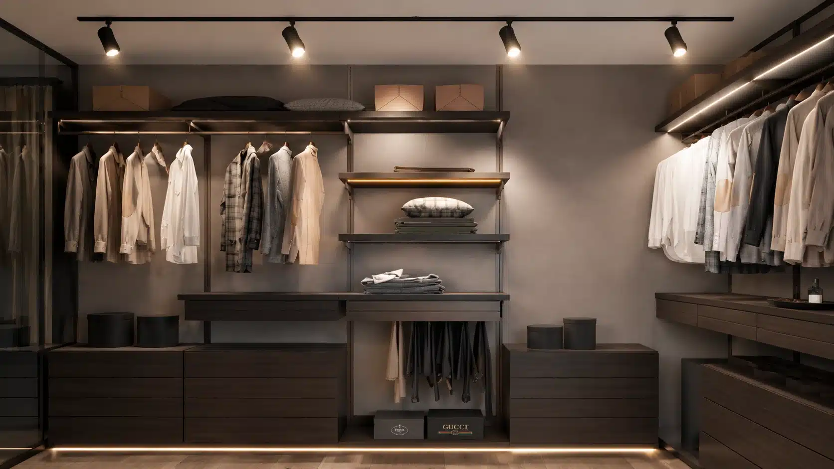 closet with adjustable track lighting highlighting shelves, shoes, and clothing in a warm ambient glow.
