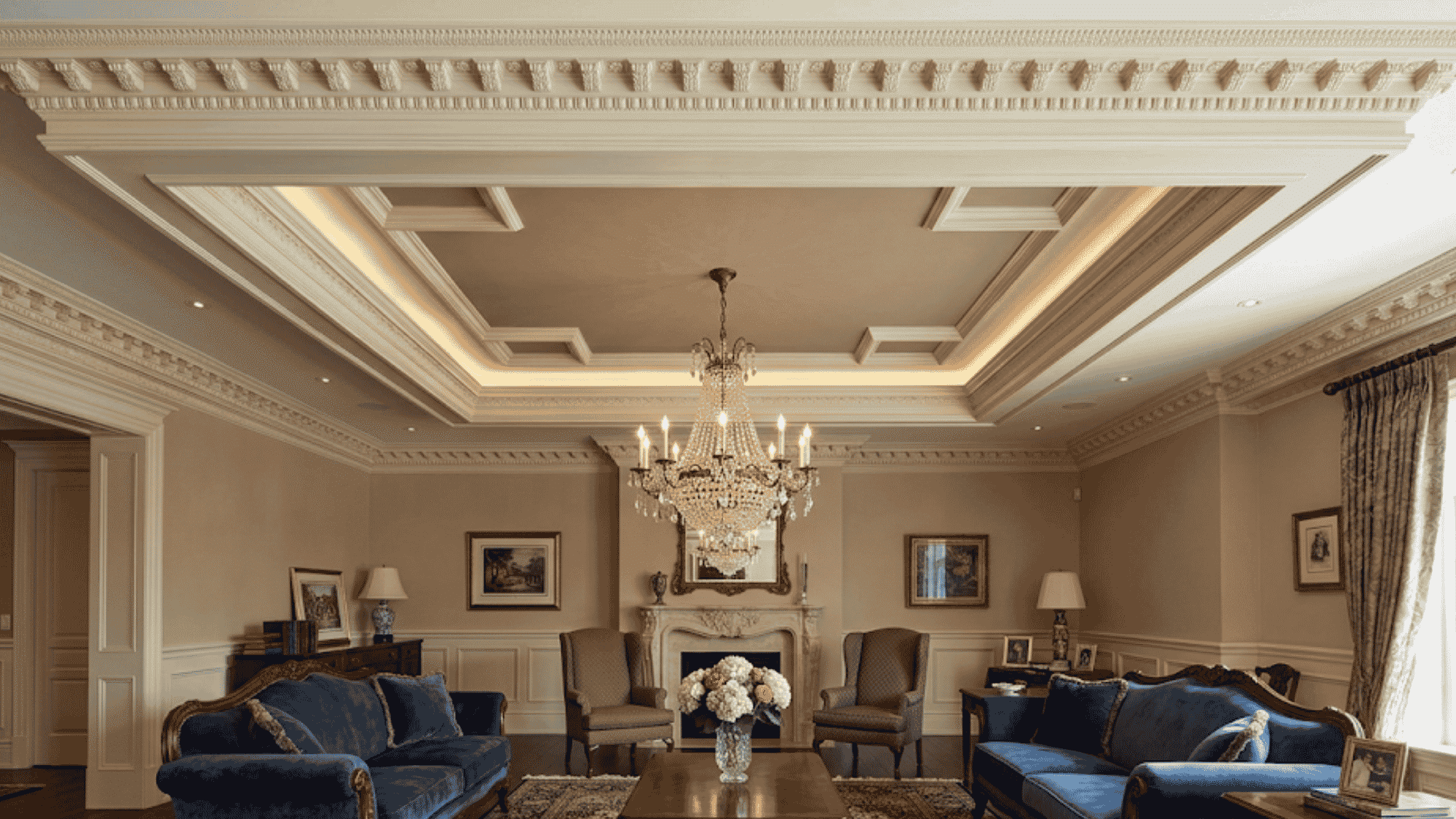 traditional crown molding tray ceiling with elegant layered details and warm lighting creating a refined classic living room