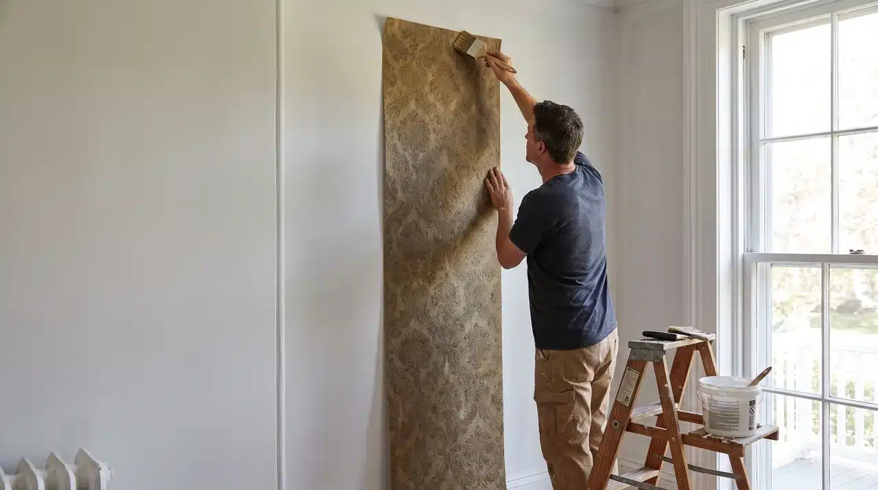 Person applying patterned wallpaper to an interior wall with a brush beside a step ladder and window.
