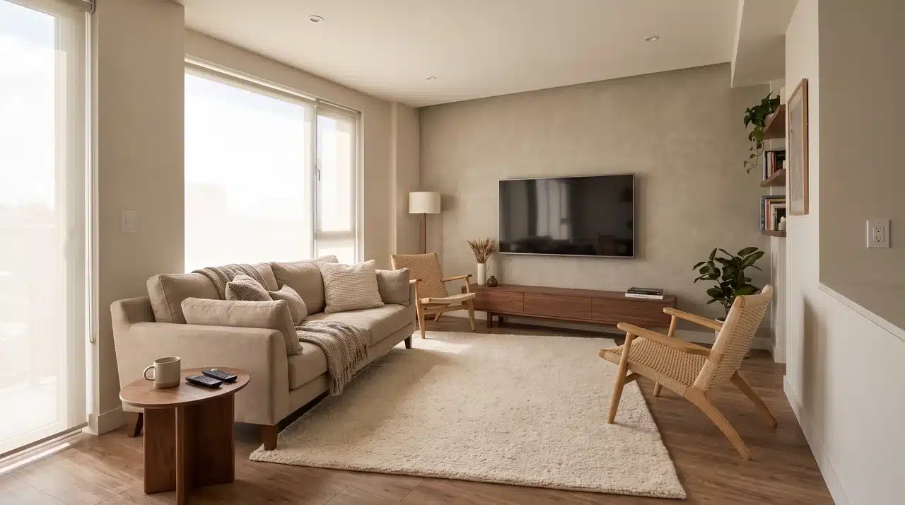 Small living room with TV-focused seating arrangement, open walkway, sofa, chairs, and cozy modern interior design.