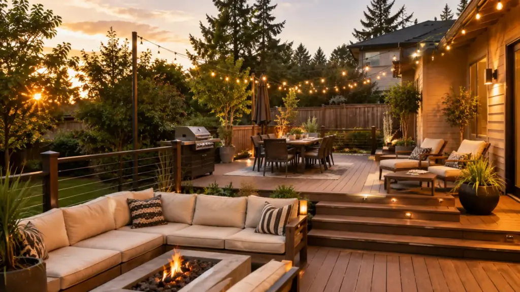 Modern backyard deck at golden hour with lounge and dining zones, illustrating back deck ideas