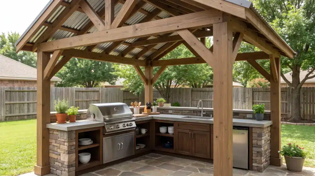 Covered outdoor kitchen with roof structure, grill, countertop, and cabinets in a backyard