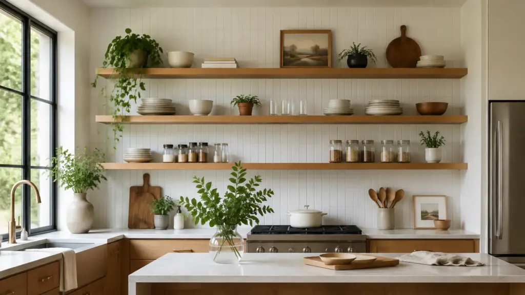 Open kitchen with wooden floating shelves displaying dishes, jars, plants, and decor above a countertop.