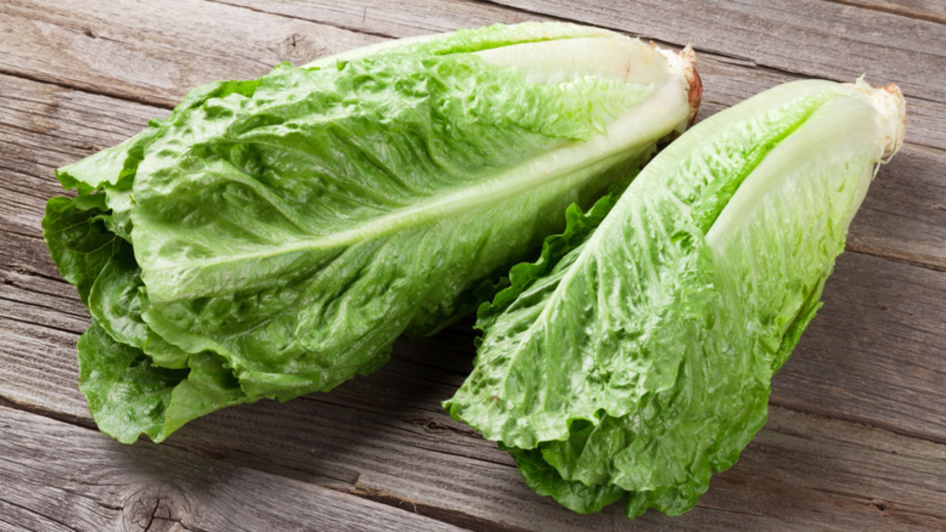two fresh romaine lettuce hearts resting on a wooden surface with crisp elongated pale green leaves and firm white stems