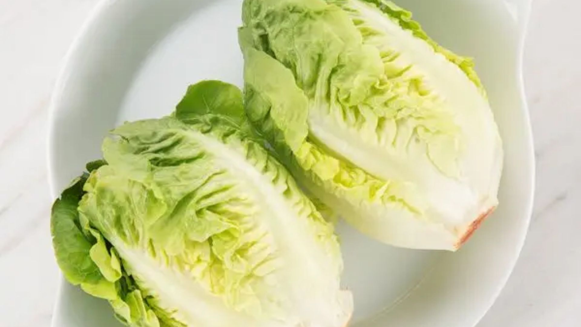 two halves of fresh little gem lettuce on a white plate showing crisp pale green leaves and compact tender hearts
